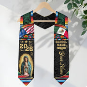 Custom Virgen de Guadalupe Class of 2026 Graduation Stole – USA & Mexico Flag Personalized Senior Sash