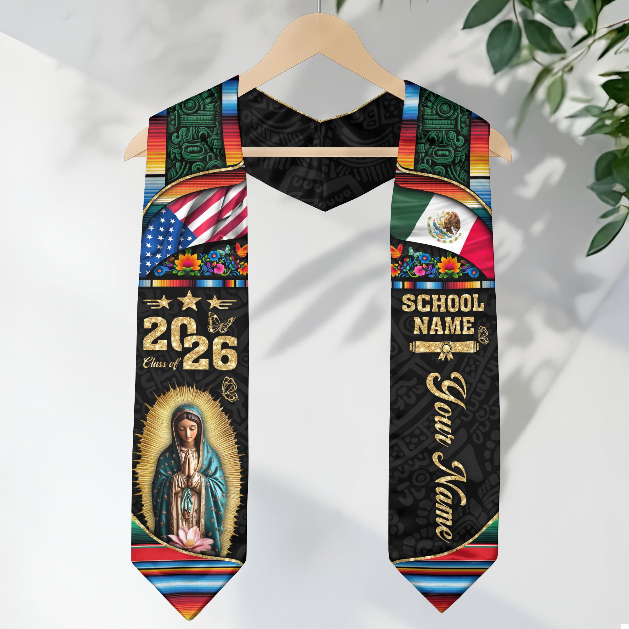 Custom Virgen de Guadalupe Class of 2026 Graduation Stole – USA & Mexico Flag Personalized Senior Sash