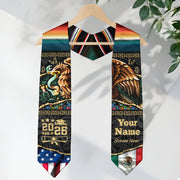 Custom Aztec Eagle Class of 2026 Graduation Stole – USA & Mexico Flag Personalized Senior Sash