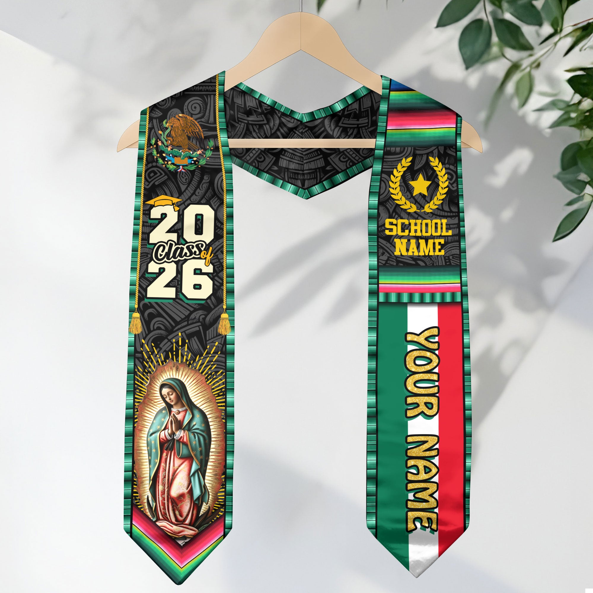 Custom Class of 2026 Virgen de Guadalupe Graduation Stole – Personalized USA Mexico Heritage Senior Sash