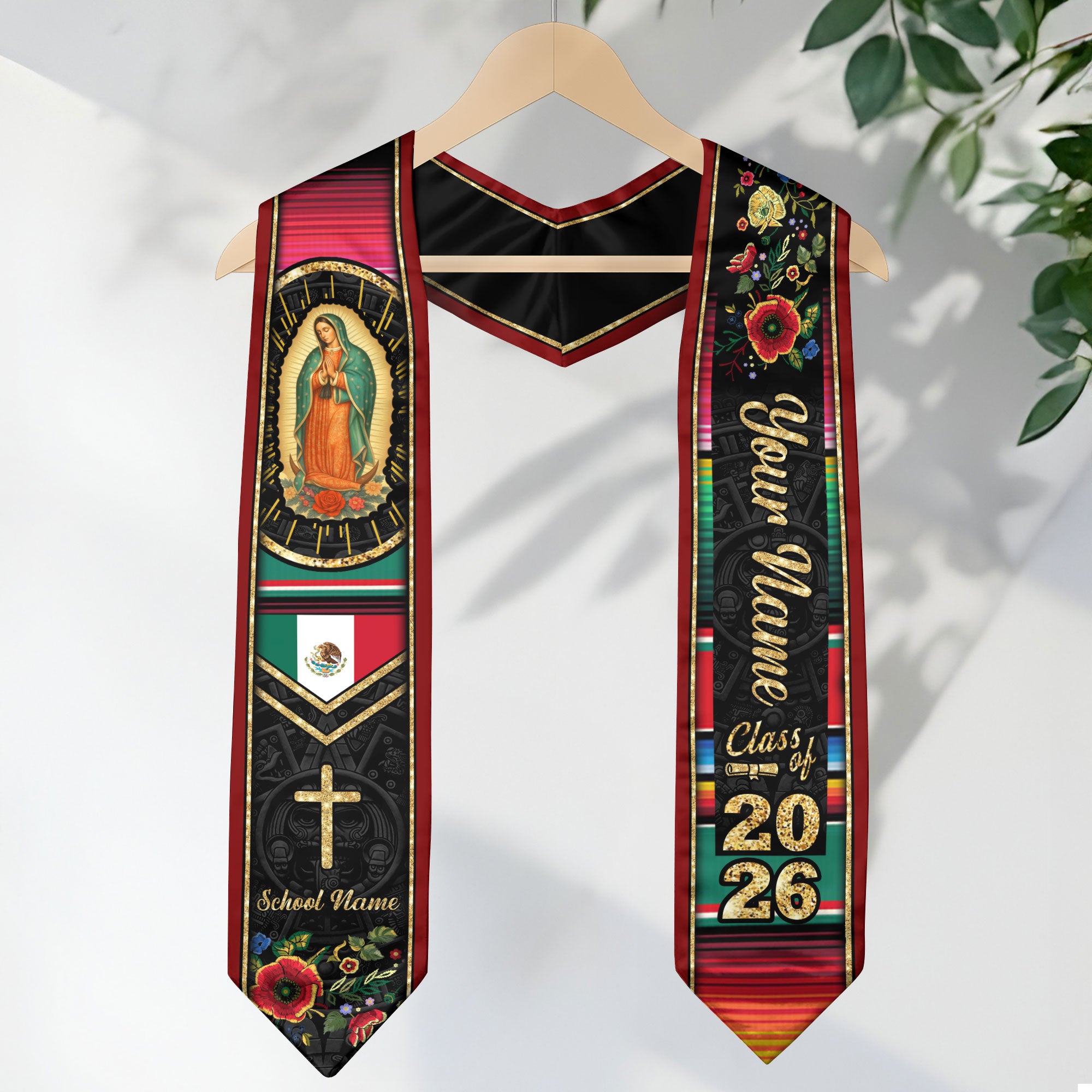 Custom Virgen de Guadalupe Christian Graduation Stole 2026 – Personalized Class of 2026 Senior Sash with Cross & Floral Design