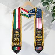 Custom USA & Mexico Flag Graduation Stole 2026 – Personalized Class of 2026 Senior Sash with Gold Tassel Design