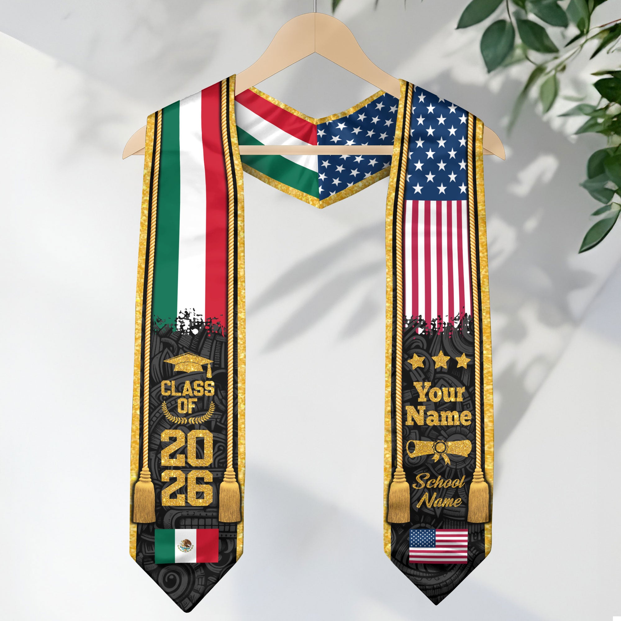 Custom USA & Mexico Flag Graduation Stole 2026 – Personalized Class of 2026 Senior Sash with Gold Tassel Design