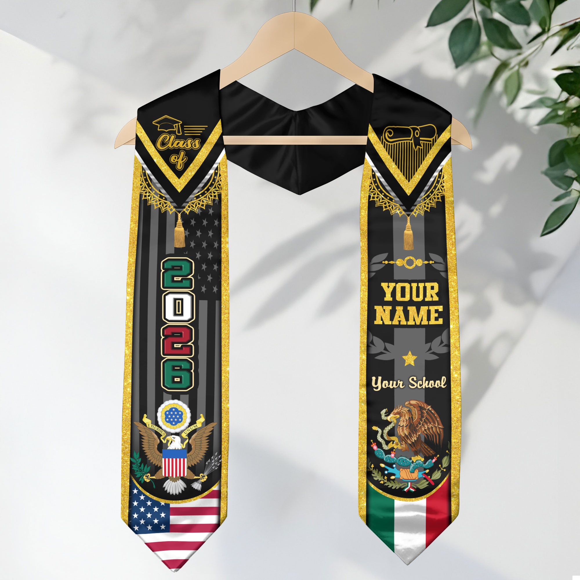 Custom USA Mexico Heritage Graduation Stole 2026 – Personalized Senior Sash with Eagle Crest & National Flag Design