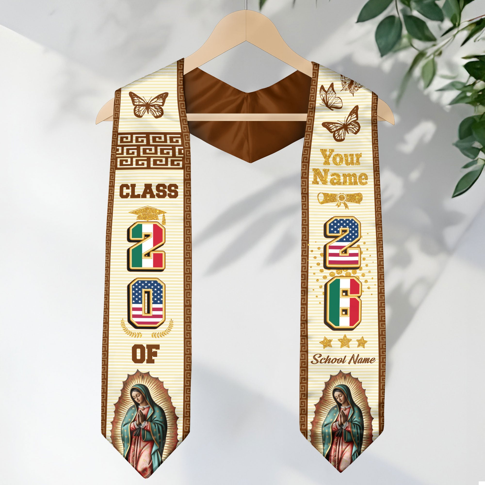 Custom Virgen de Guadalupe Class of 2026 Stole – Personalized Graduation Sash with USA & Mexico Heritage Colors