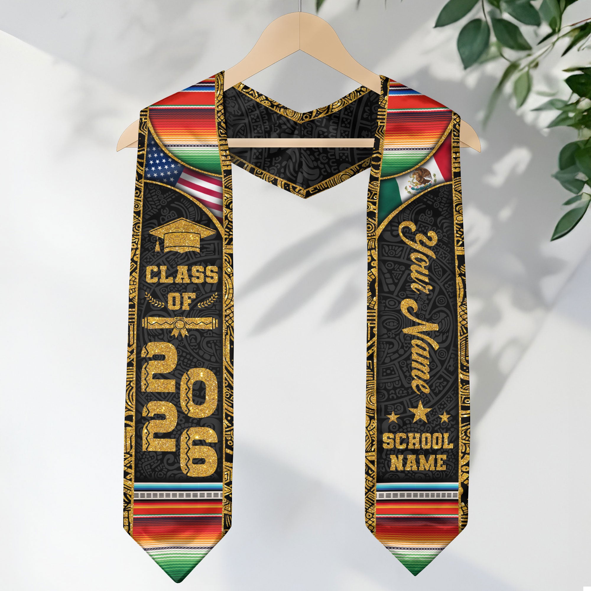 Custom Mexican Graduation Stole Class of 2026 Serape Stripe Aztec Pattern Name Sash