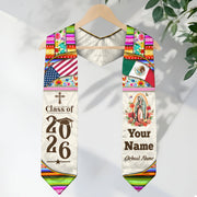 Custom Mexican Graduation Stole Mexico Sash Virgin Mary Cross Aztec Floral USA Flag 2026