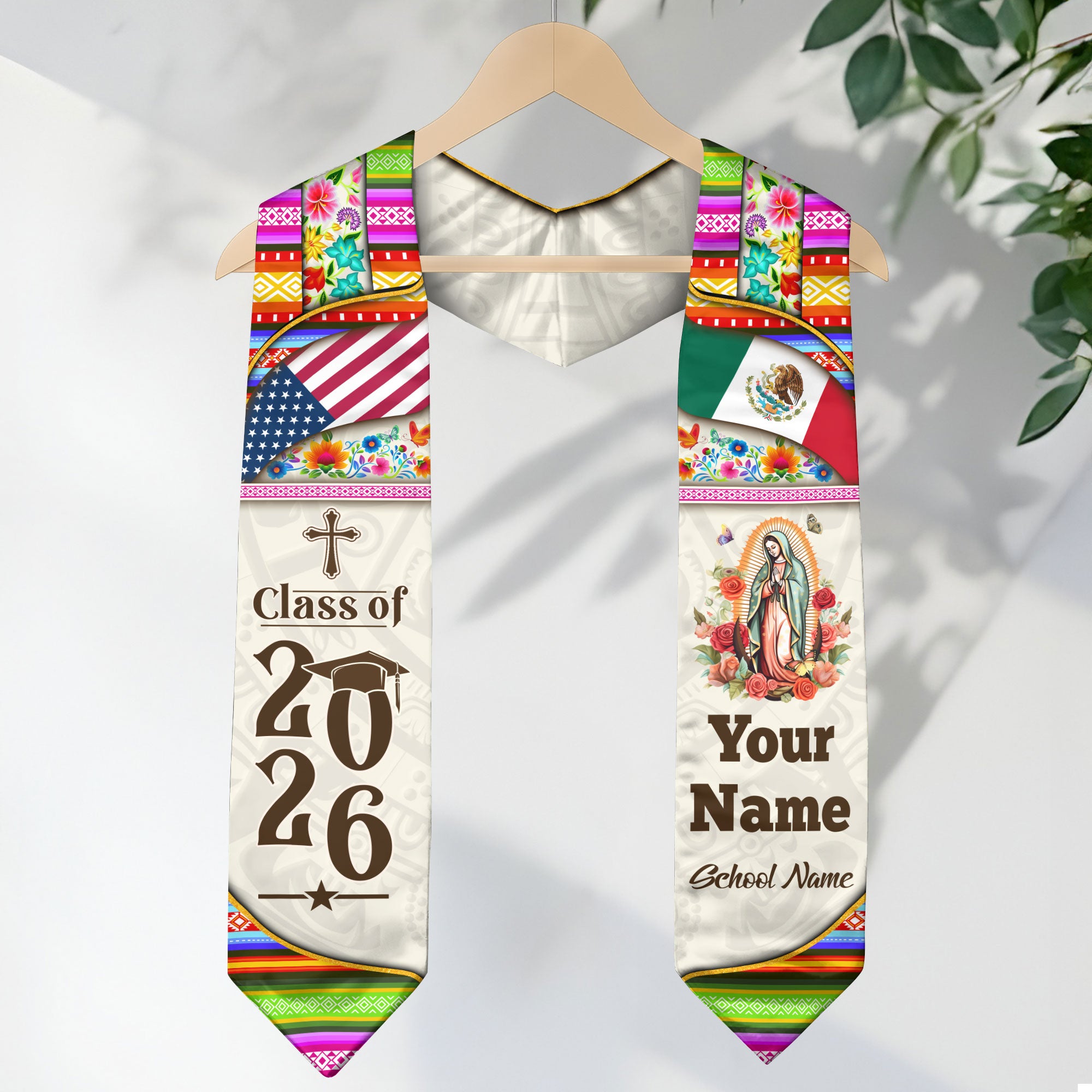 Custom Mexican Graduation Stole Mexico Sash Virgin Mary Cross Aztec Floral USA Flag 2026
