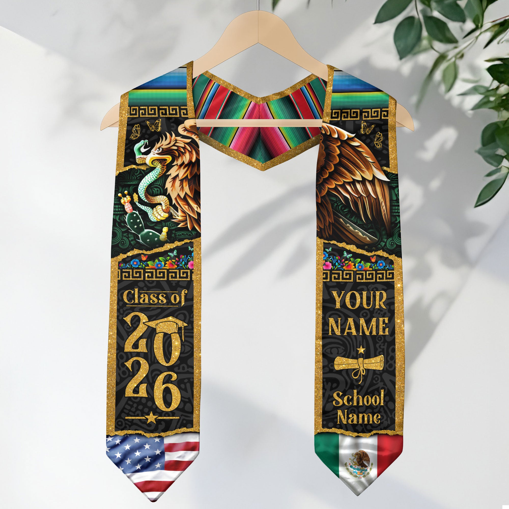 Custom Mexican Graduation Stole Mexico USA Flag Aztec Eagle Serape Gold Class 2026