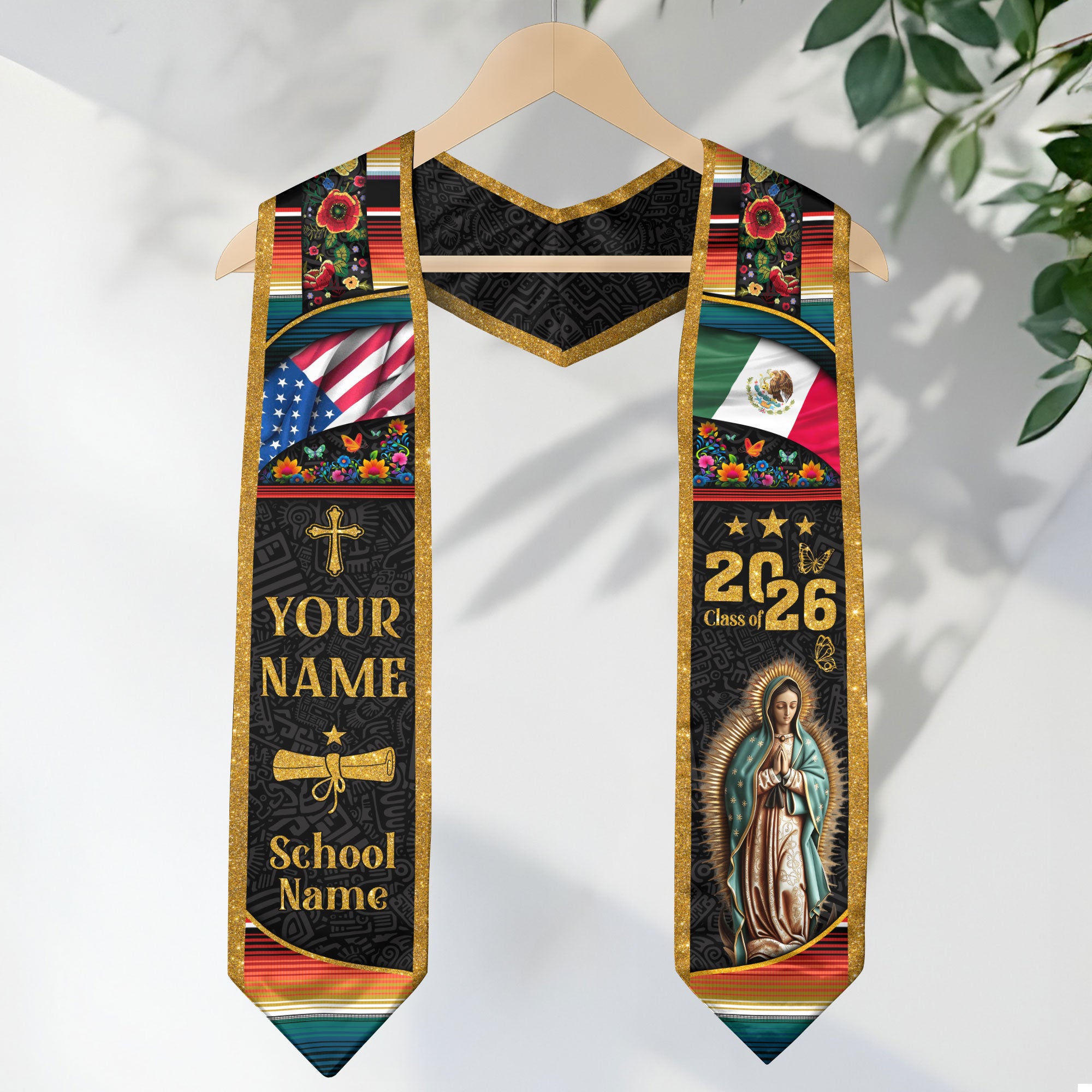 Custom Mexican Graduation Stole Mexico USA Flag Aztec Floral Virgin Mary 2026