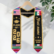 Mexican Graduation Stole Custom Name Mexico USA Flag Serape Gold Glitter Class 2026