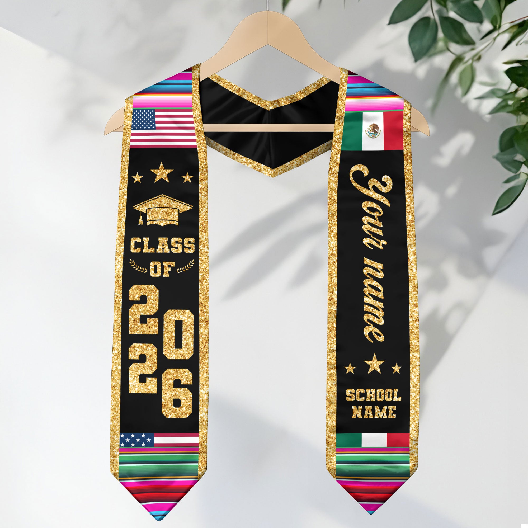 Mexican Graduation Stole Custom Name Mexico USA Flag Serape Gold Glitter Class 2026