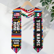 Custom Mexican Graduation Stole Mexico USA Flag Serape Class 2026 Personalized Name