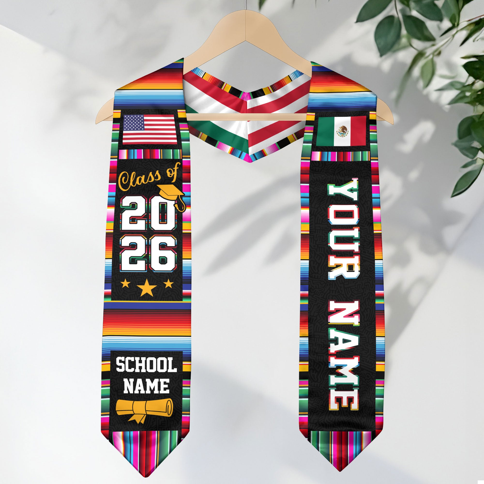 Custom Mexican Graduation Stole Mexico USA Flag Serape Class 2026 Personalized Name