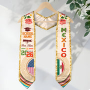 Mexican Graduation Stole Custom Name Mexico USA Flag Aztec Rose Class 2026