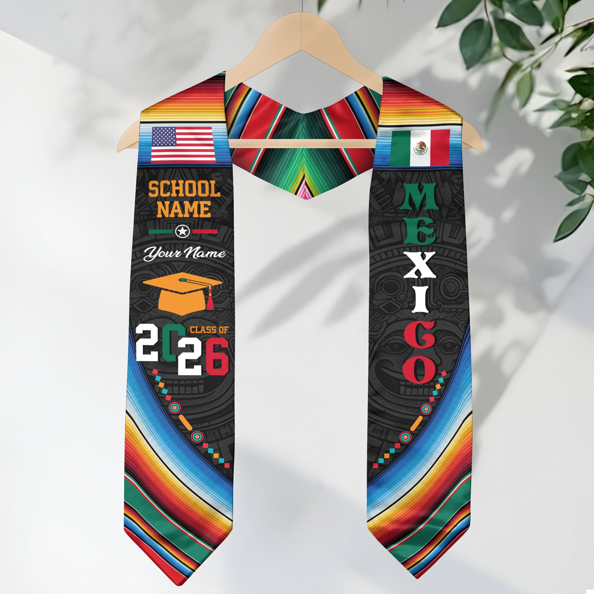 Custom Mexican Graduation Stole Mexico Sash Aztec Pattern Serape USA Flag 2026