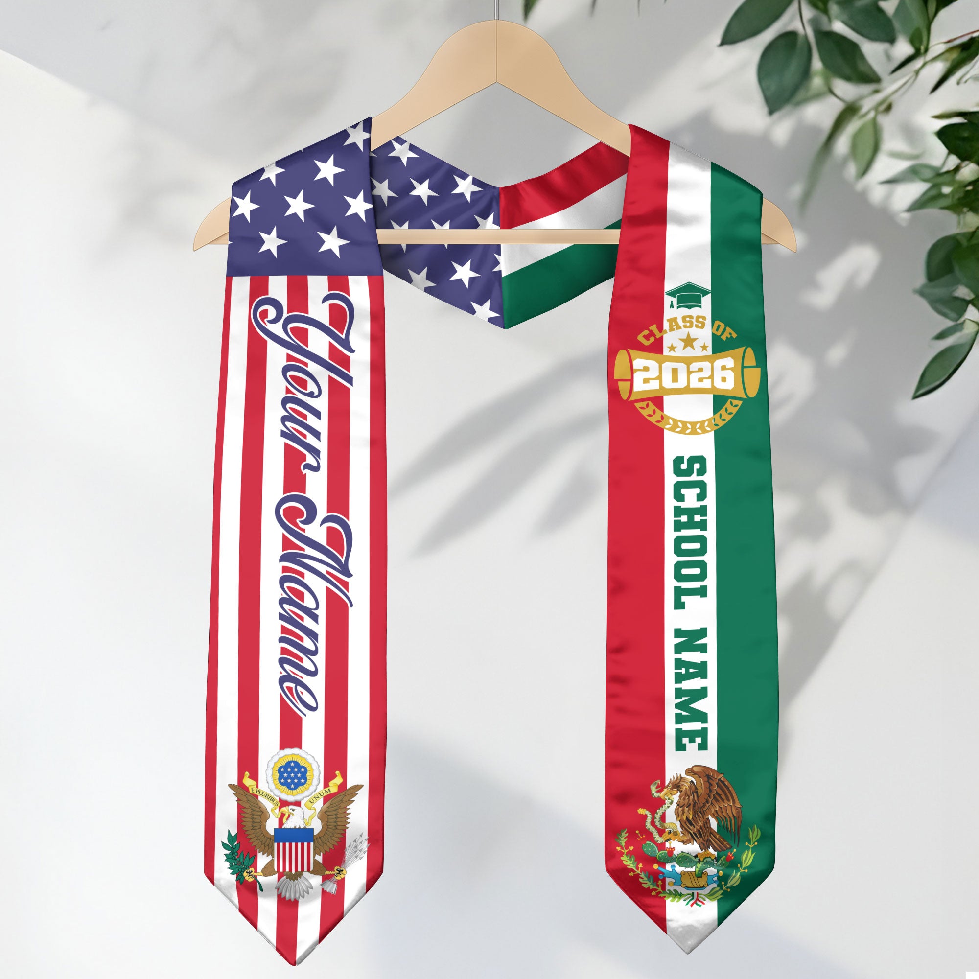 Mexican Graduation Stole Custom Name Mexico Sash USA Mexico Flag Eagle Emblem 2026