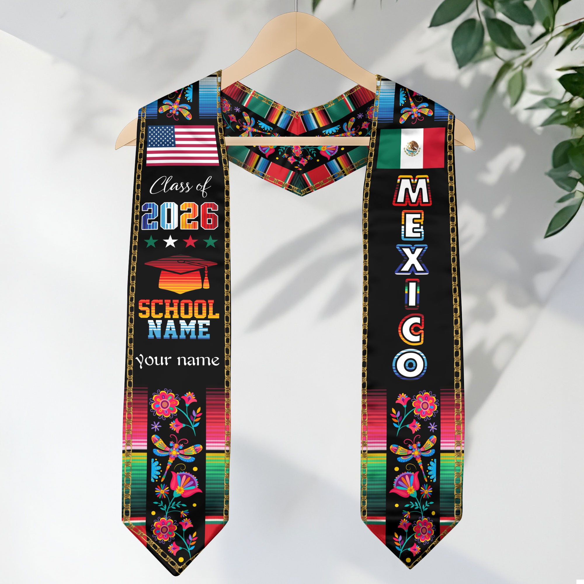 Custom Mexican Graduation Stole Mexico Sash Aztec Floral Butterfly Serape 2026