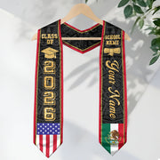 Mexican Graduation Stole Custom Name Mexico Sash Aztec Gold Glitter USA Flag 2026