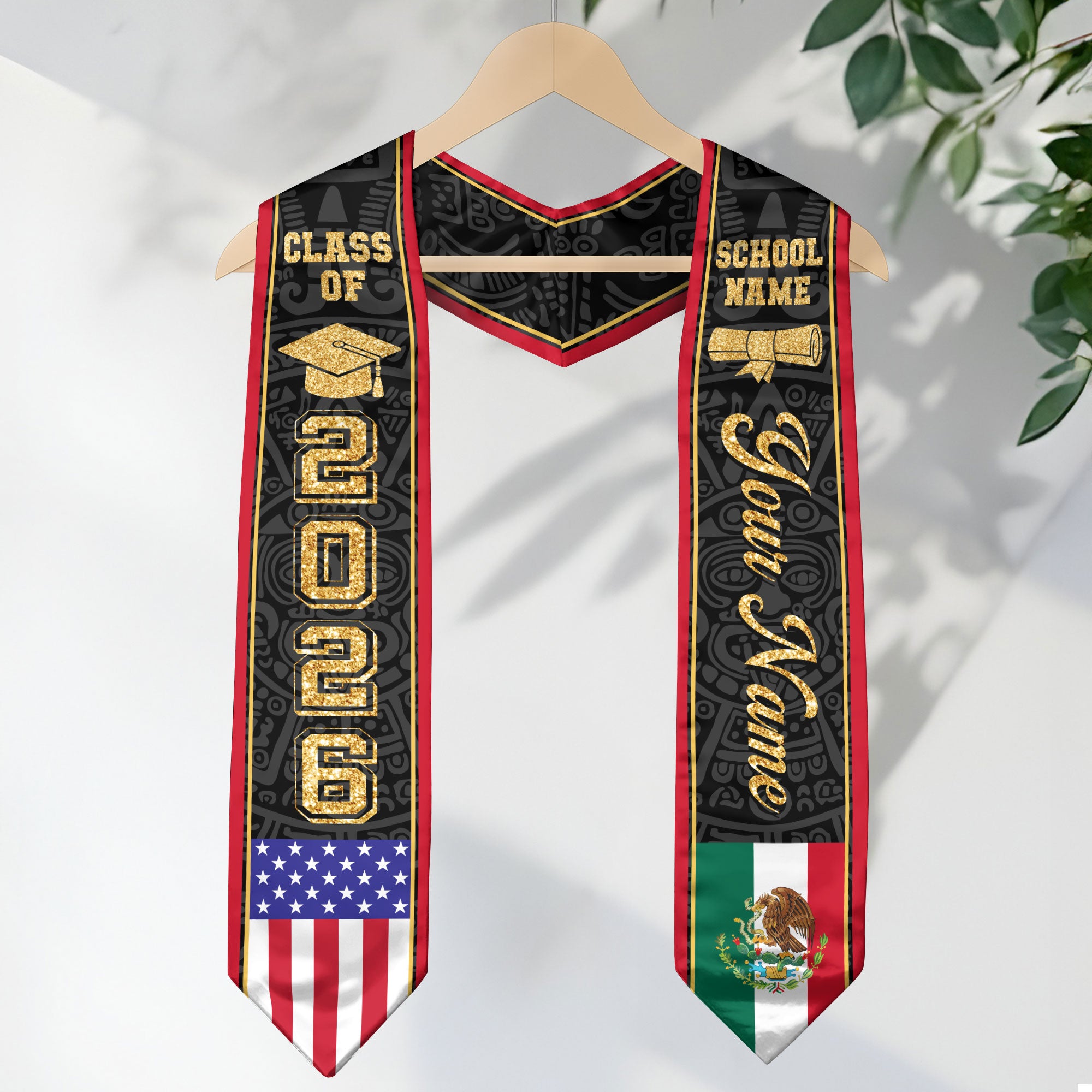Mexican Graduation Stole Custom Name Mexico Sash Aztec Gold Glitter USA Flag 2026