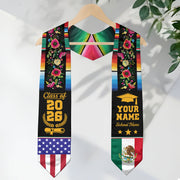 Custom Mexican Graduation Stole Mexico USA Flag Serape Floral Class 2026