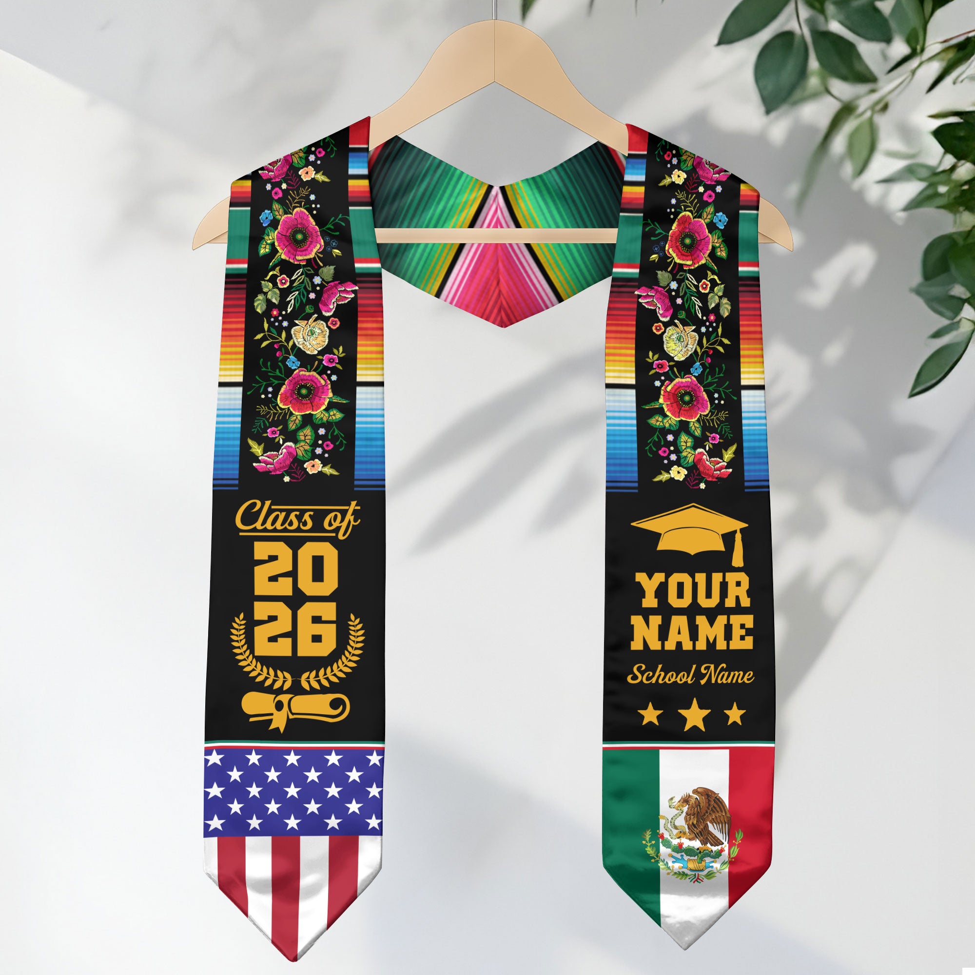 Custom Mexican Graduation Stole Mexico USA Flag Serape Floral Class 2026