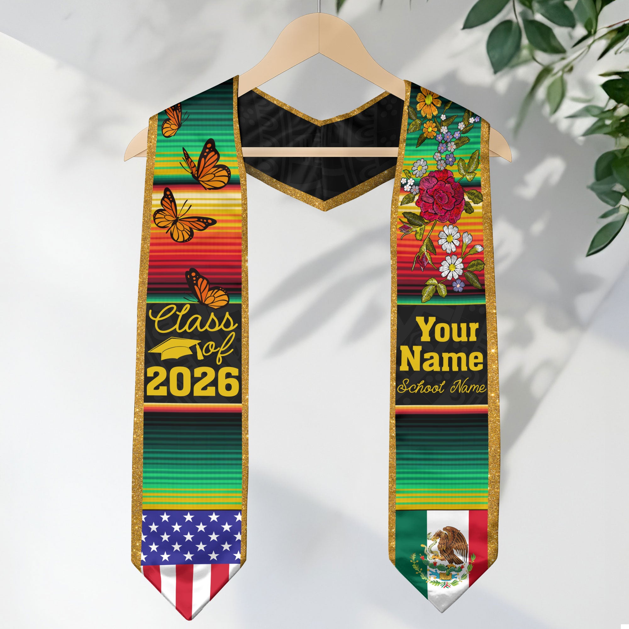 Custom Mexican Graduation Stole Mexico USA Flag Serape Butterfly Floral Class 2026