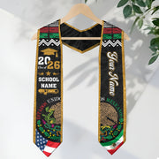 Custom Mexican Graduation Stole Mexico USA Flag Aztec Eagle Glitter Class 2026