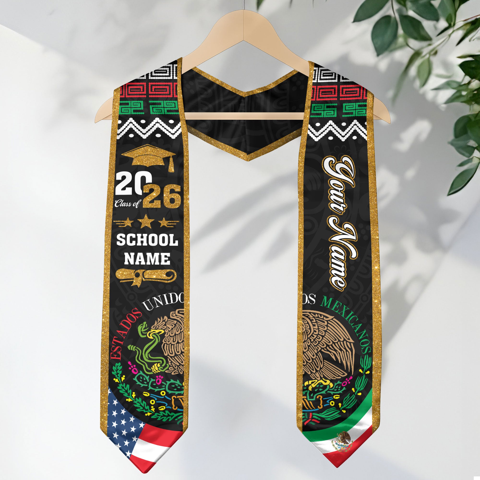Custom Mexican Graduation Stole Mexico USA Flag Aztec Eagle Glitter Class 2026
