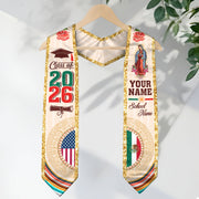 Custom Mexican Graduation Stole Aztec Calendar Virgin Mary USA Mexico Flag 2026