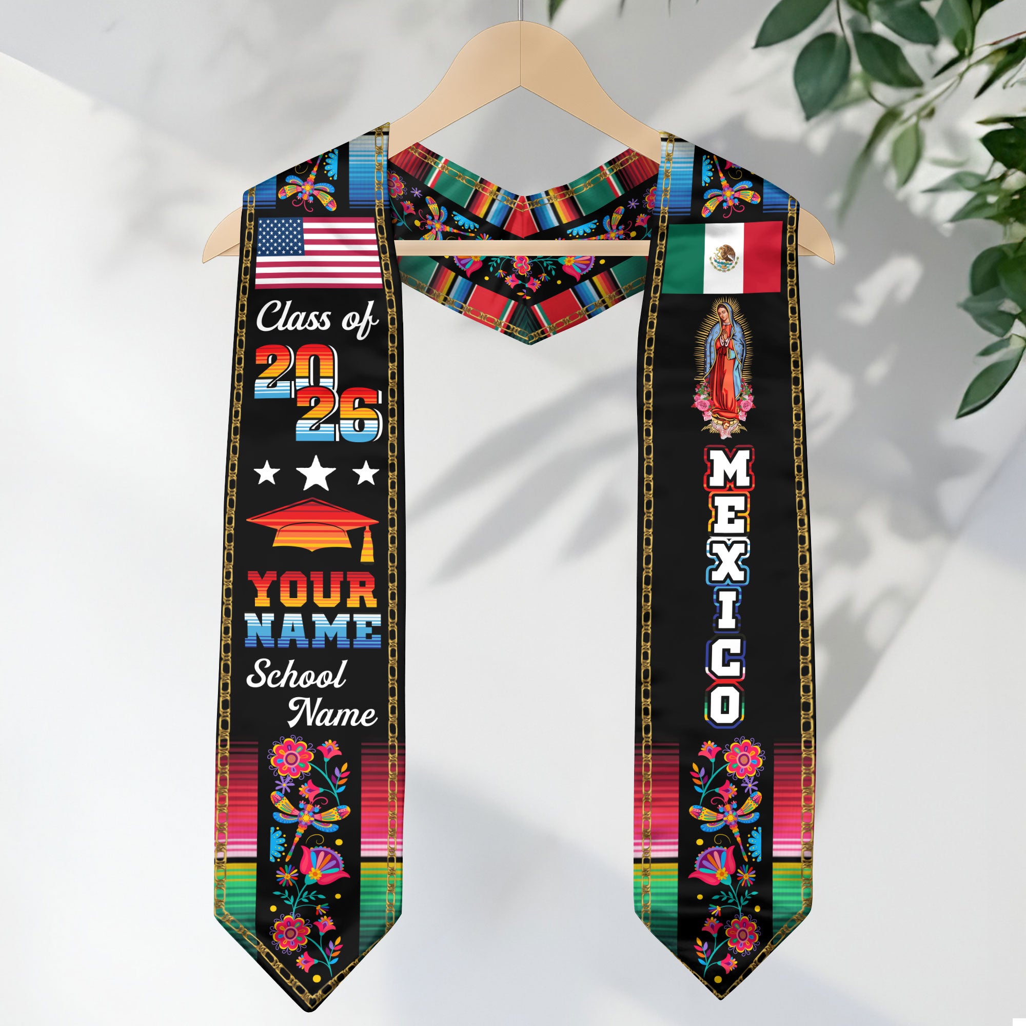Custom Mexican Graduation Stole 2026 Aztec Floral Butterfly Virgin Mary USA Mexico Flag