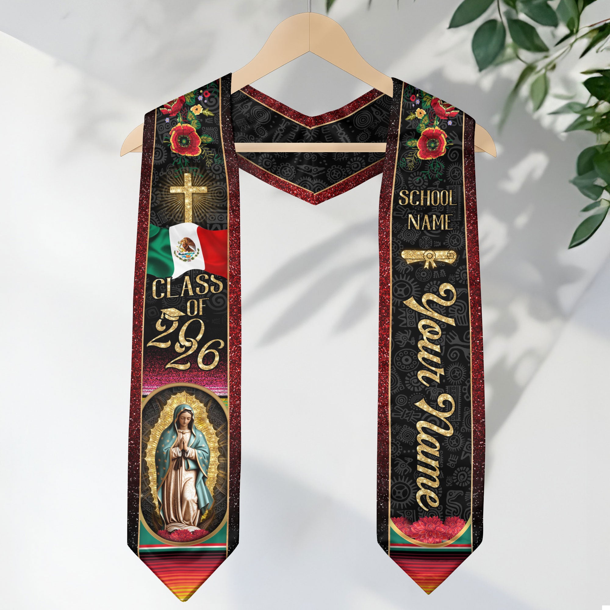 Custom Mexican Graduation Stole Class of 2026 Aztec Pattern Mexico Sash Virgin Mary