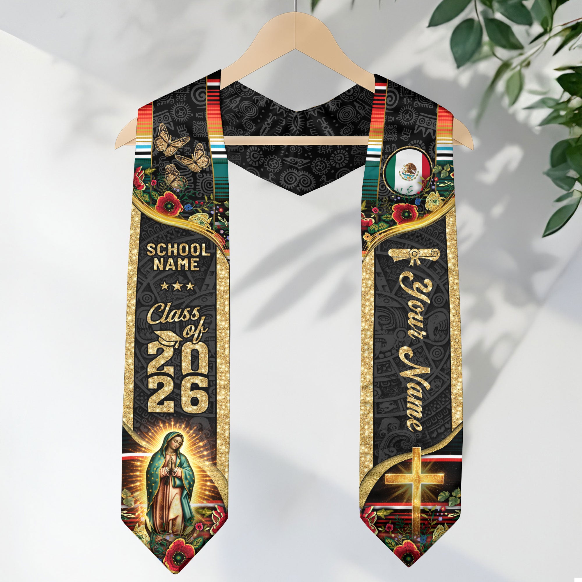 Custom Mexican Graduation Stole 2026 Mexico Sash Butterfly Virgin Mary Aztec Patterns