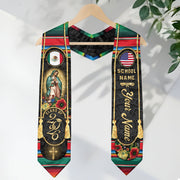 Custom Mexican USA Flag Graduation Stole 2026 Mexico Sash Virgin Mary Cross Aztec Patterns