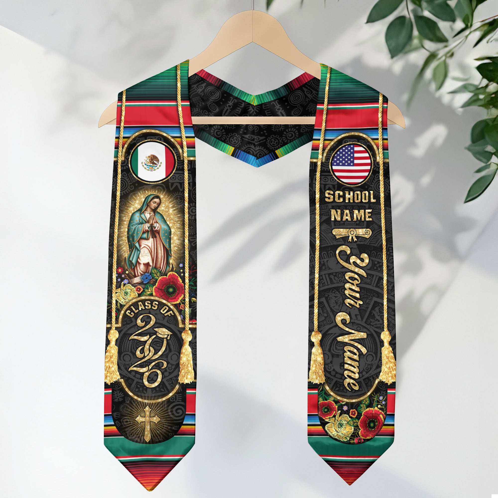 Custom Mexican USA Flag Graduation Stole 2026 Mexico Sash Virgin Mary Cross Aztec Patterns