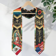 Custom Mexican Graduation Stole 2026 Virgin Mary Cross USA Flag Aztec Patterns Sash