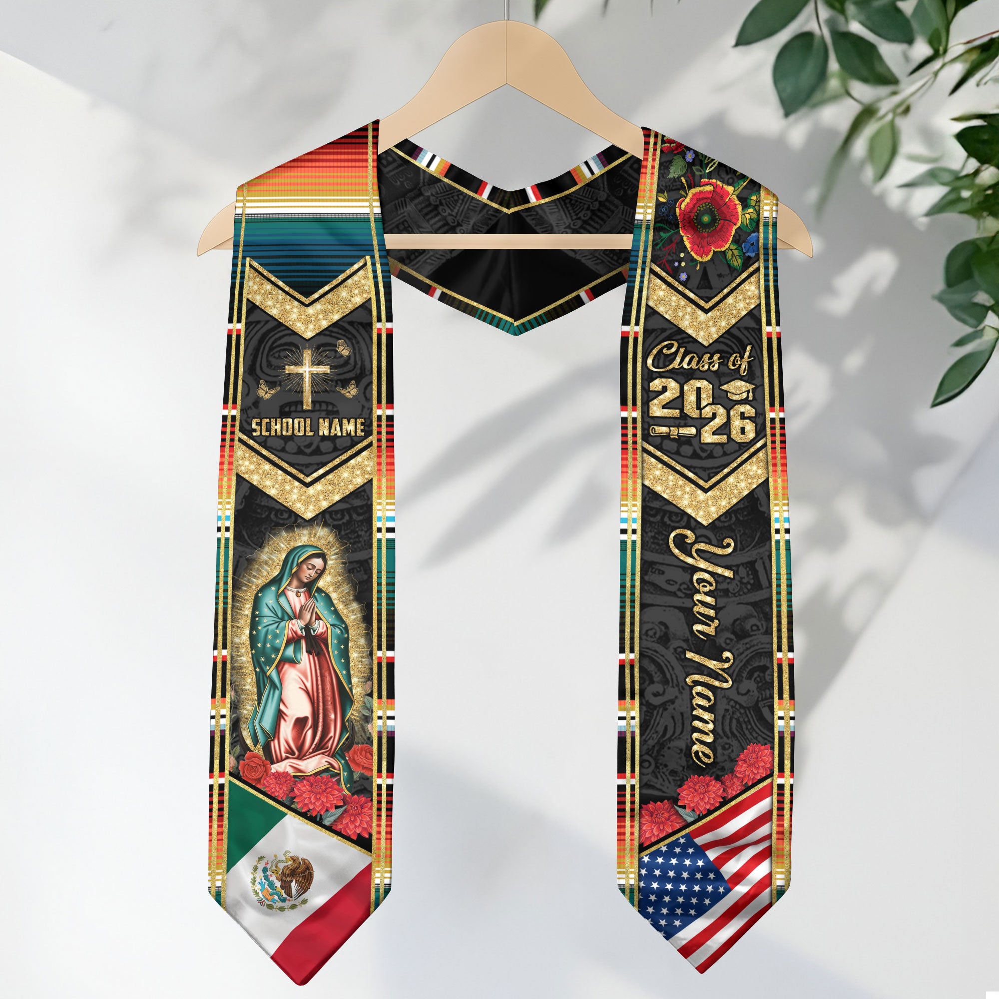 Custom Mexican Graduation Stole 2026 Virgin Mary Cross USA Flag Aztec Patterns Sash