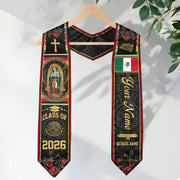 Custom Mexican Graduation Stole 2026 Virgin Mary Cross Flag Aztec Pattern Mexico Sash
