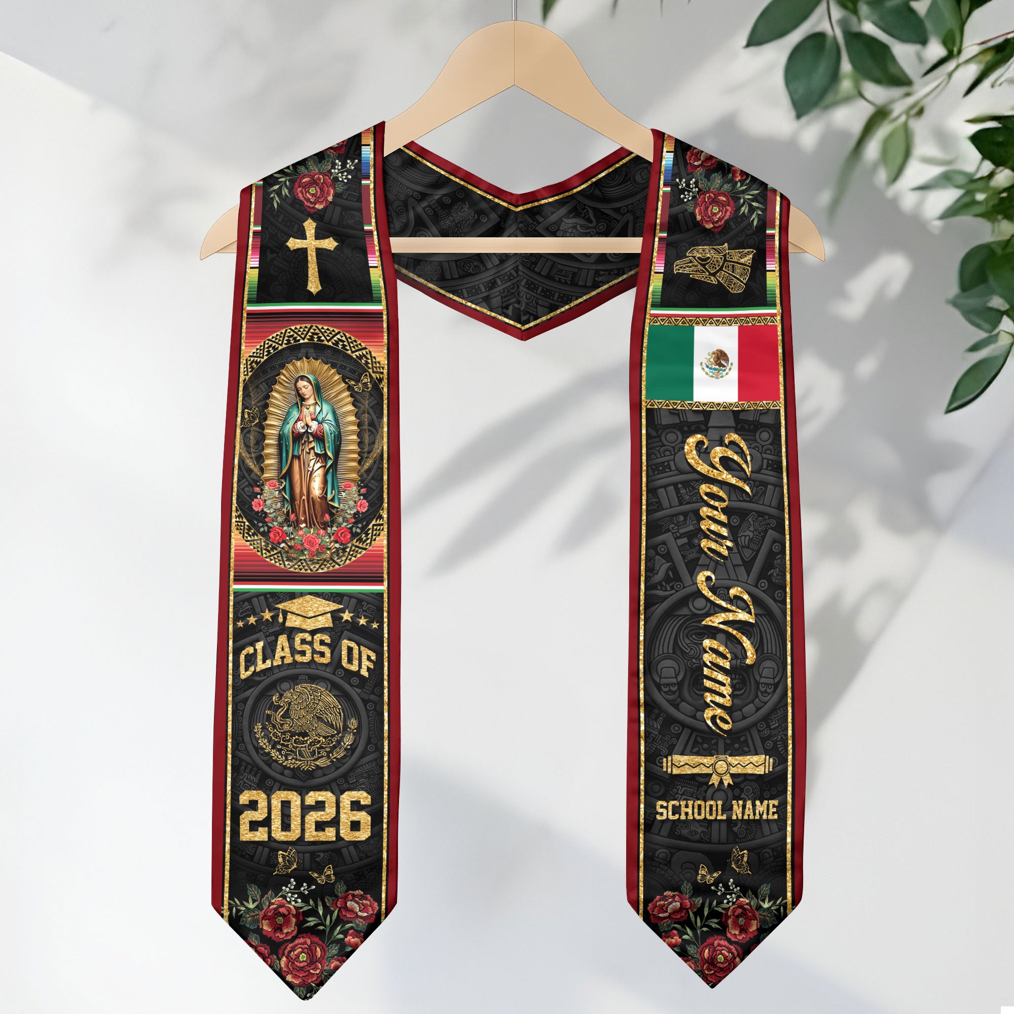 Custom Mexican Graduation Stole 2026 Virgin Mary Cross Flag Aztec Pattern Mexico Sash