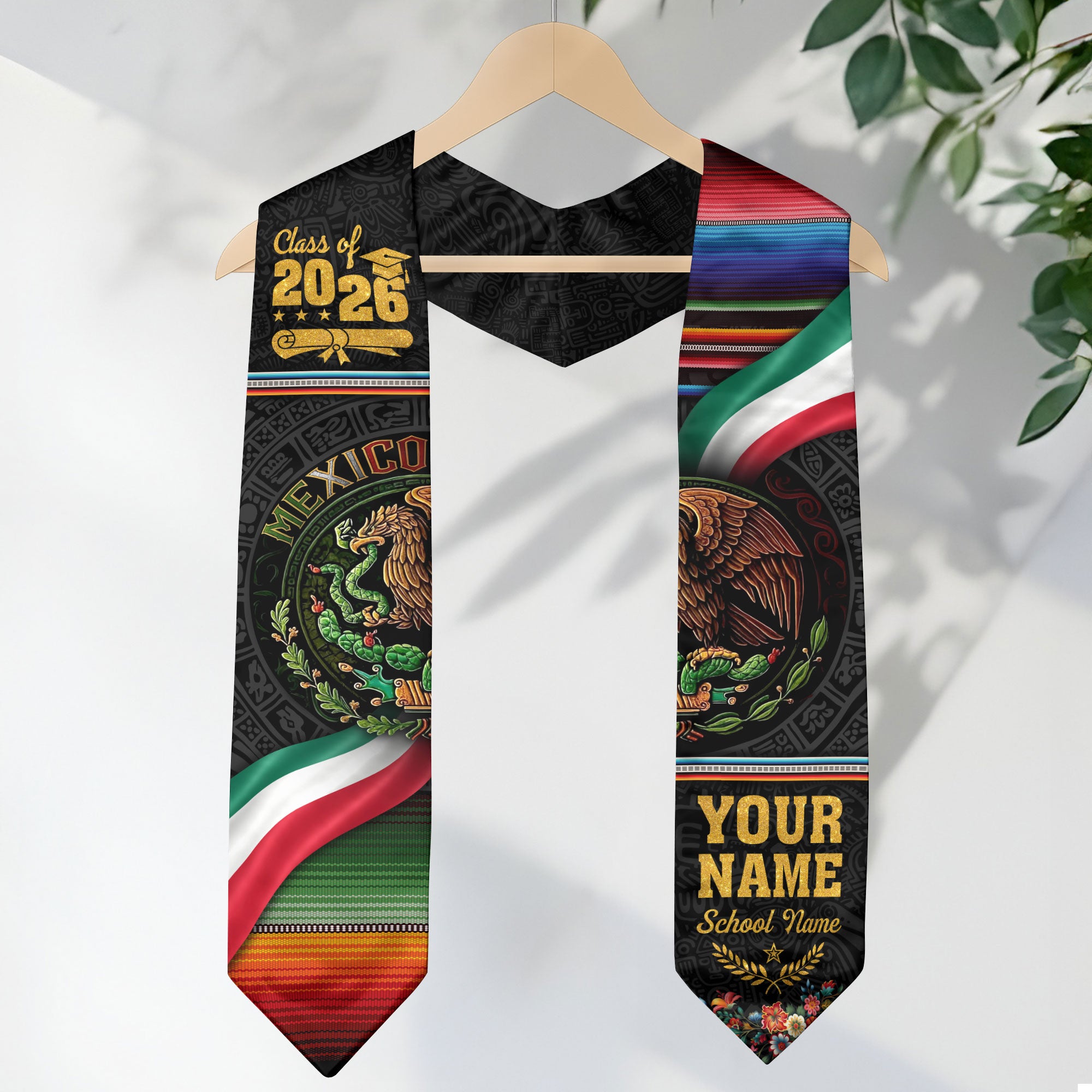 Mexican Graduation Stole Aztec Eagle Flag Serape Custom Mexico Sash 2026 Floral Crest