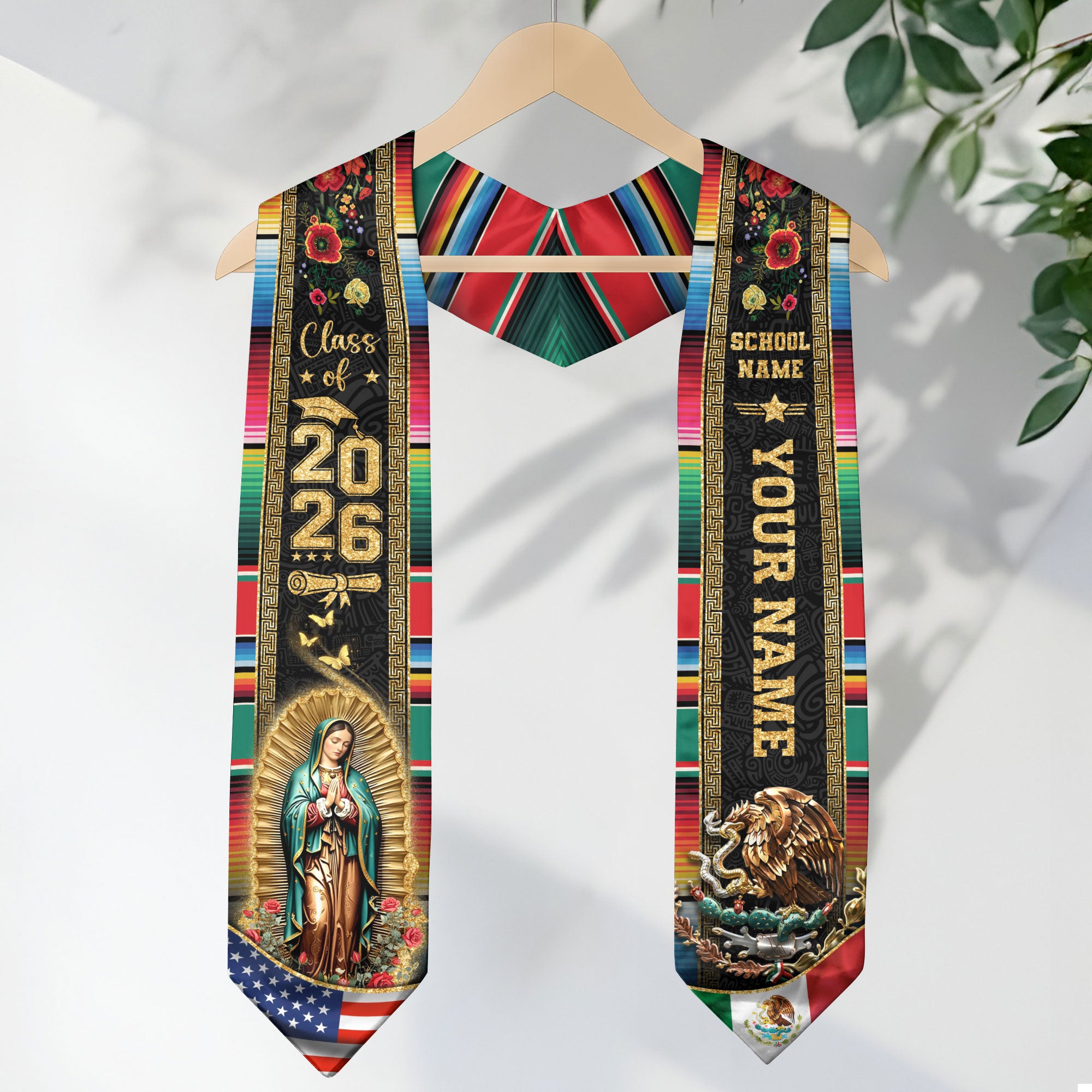 Mexican Graduation Stole Aztec Pattern Eagle Virgin Mary Flag Custom Sash 2026