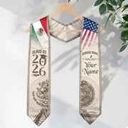 Mexican Graduation Stole Aztec Calendar Pyramid Eagle USA Mexico Flag Custom Sash
