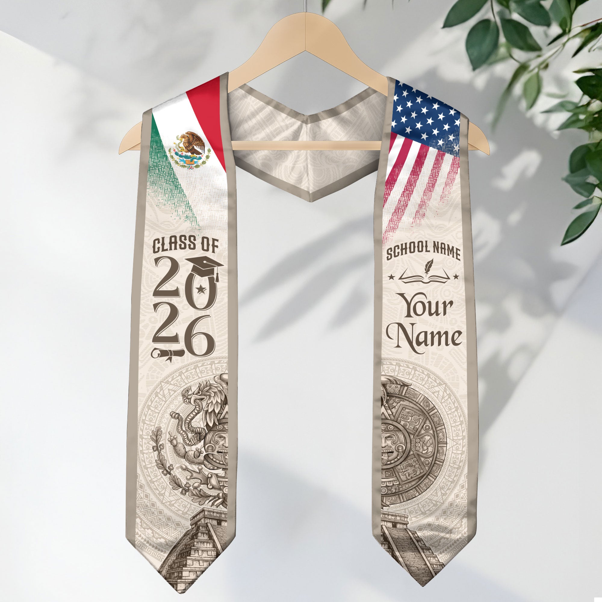 Mexican Graduation Stole Aztec Calendar Pyramid Eagle USA Mexico Flag Custom Sash