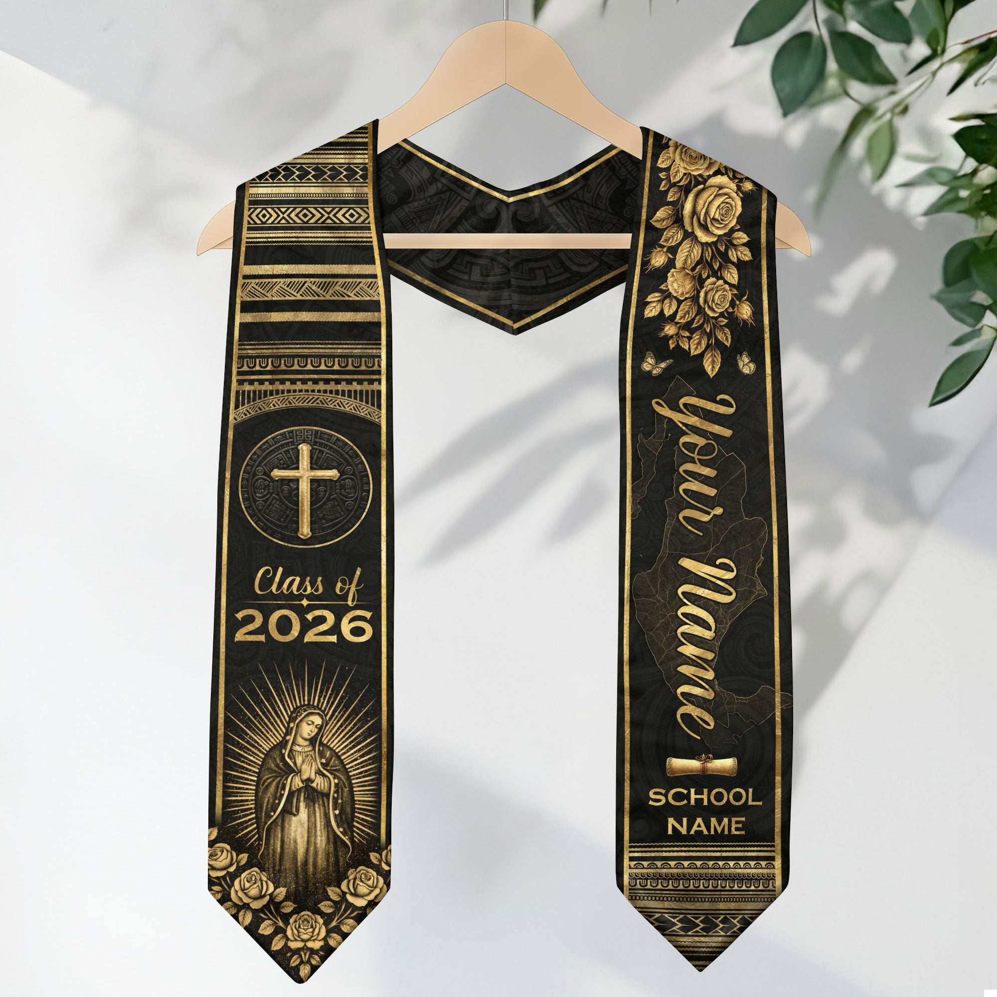 Mexican Graduation Stole Aztec Pattern Cross Virgin Mary Gold Rose Custom Sash 2026