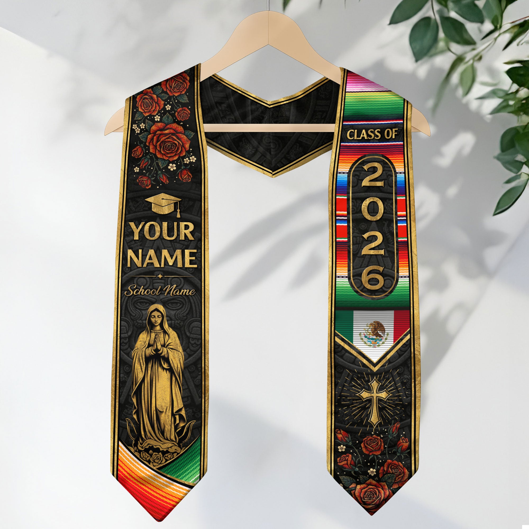 Mexican Graduation Stole Aztec Pattern Virgin Mary Cross Rose Serape Custom Sash 2026