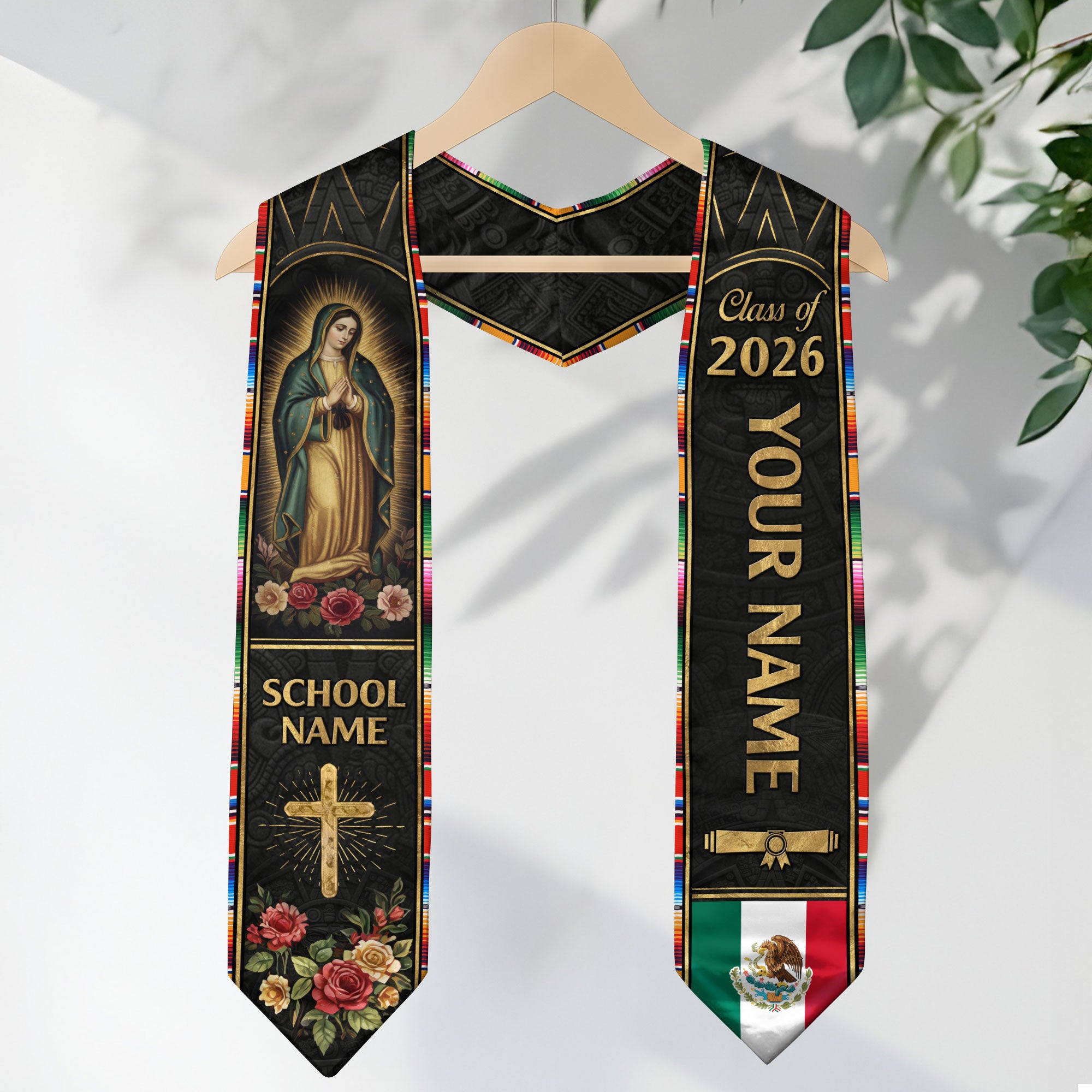 Mexican Graduation Stole Aztec Pattern Virgin Mary Cross Rose Flag Custom Sash 2026