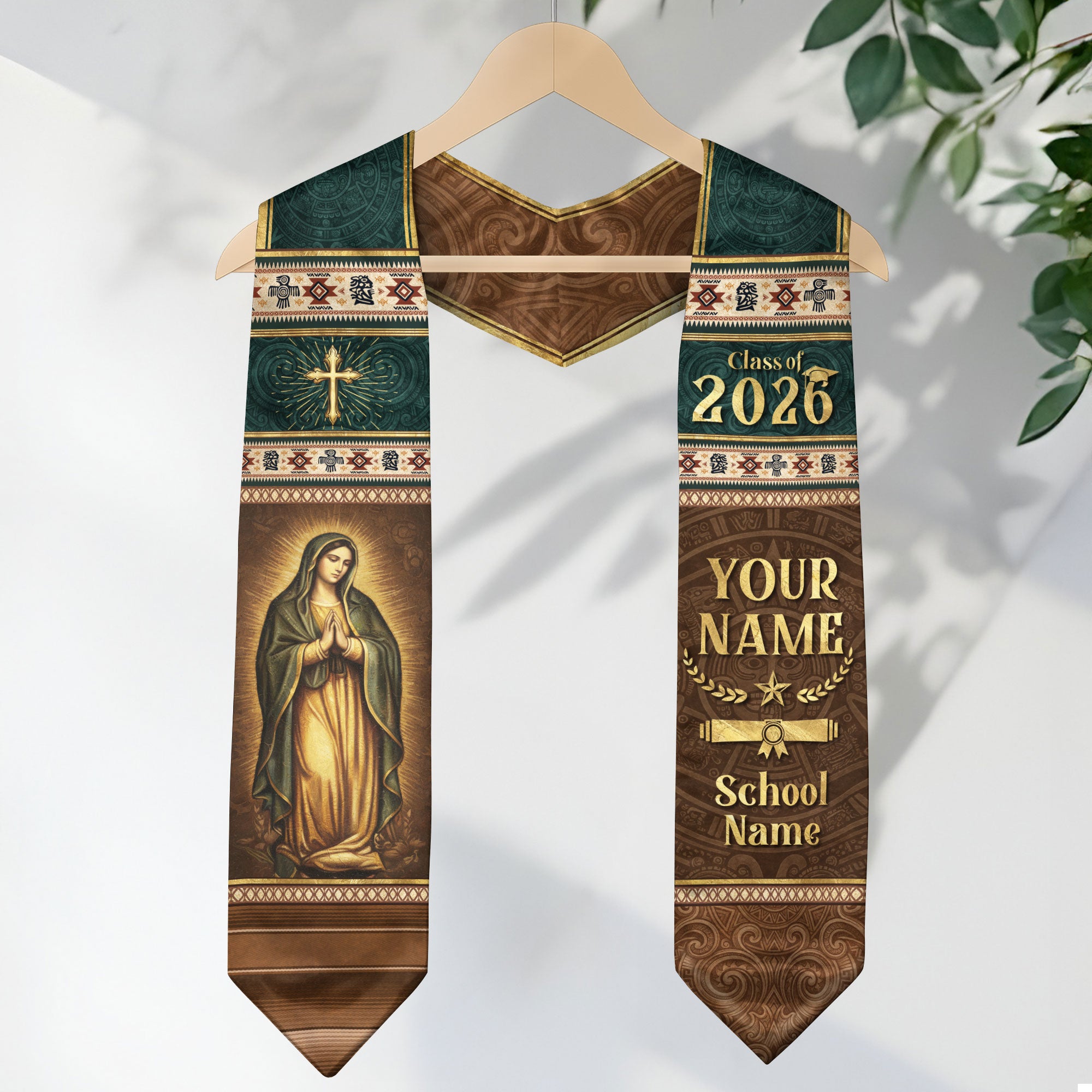 Mexican Graduation Stole Aztec Pattern Virgin Mary Cross Tribal Custom Sash 2026