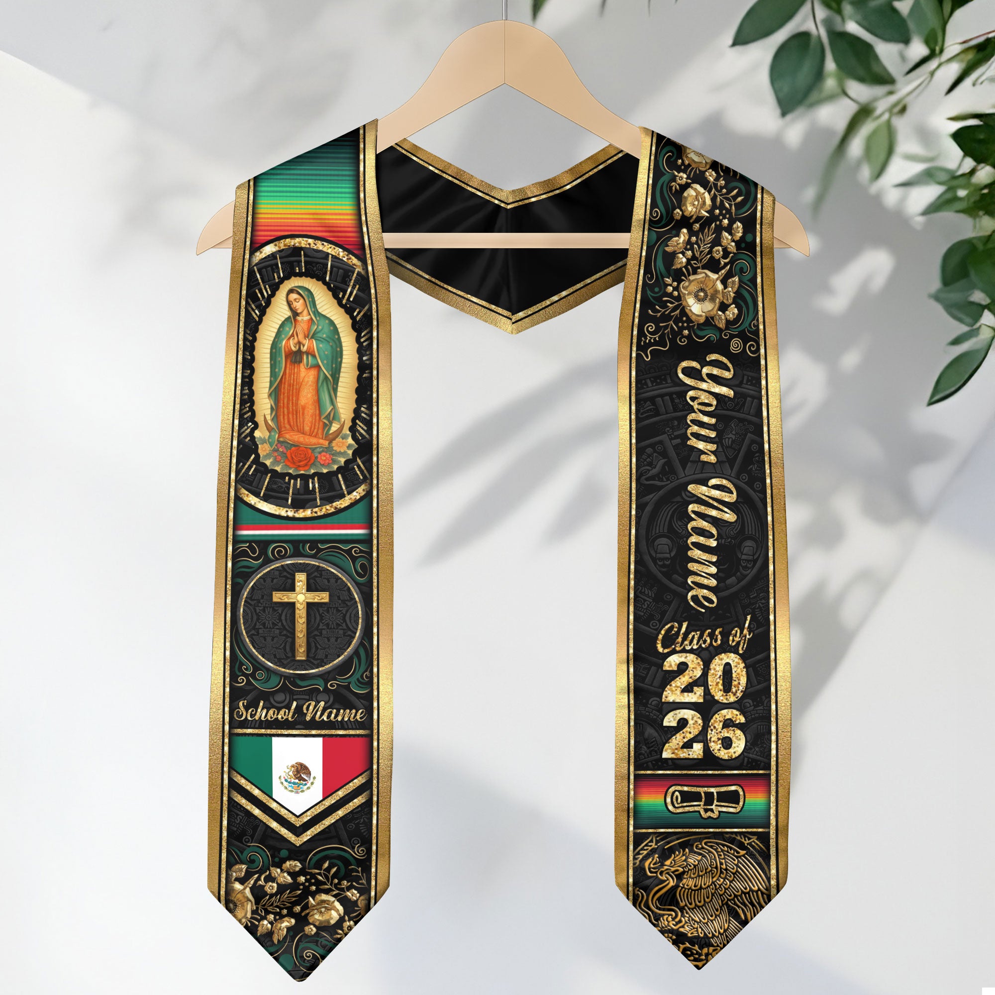 Mexican Graduation Stole Aztec Eagle Virgin Mary Cross Floral Flag Custom Sash
