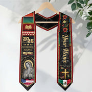 Mexican Graduation Stole Aztec Pattern Virgin Mary Cross Floral USA Flag Custom Sash