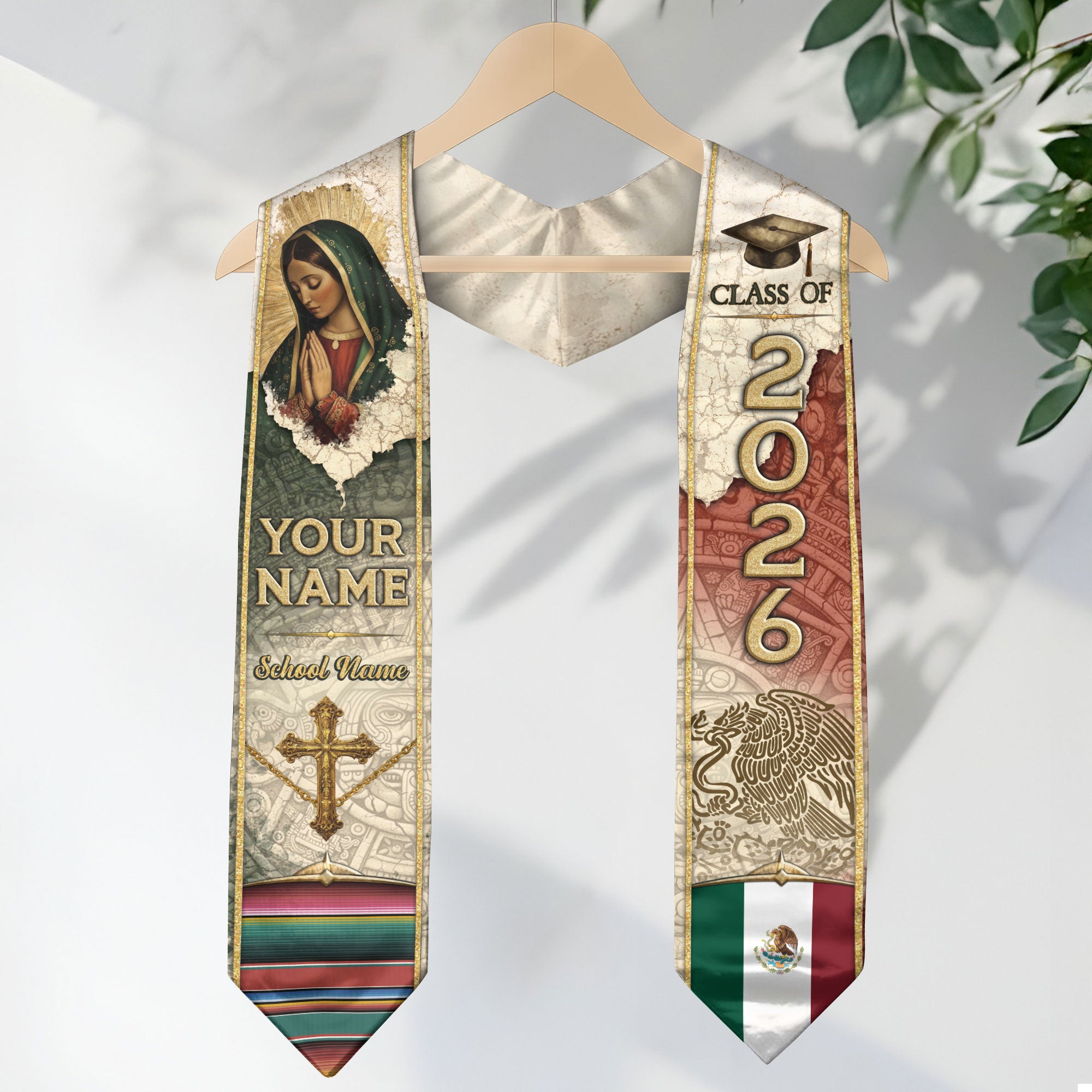 Mexican Graduation Stole Aztec Eagle Virgin Mary Cross Flag Custom Sash 2026